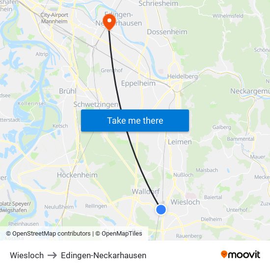 Wiesloch to Edingen-Neckarhausen map