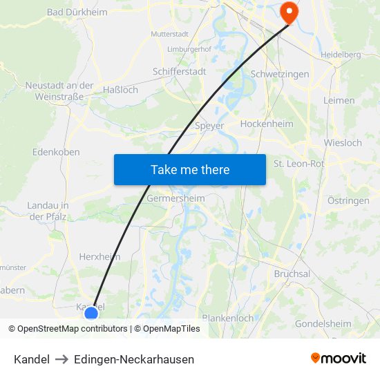 Kandel to Edingen-Neckarhausen map