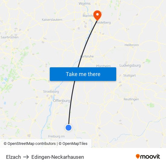 Elzach to Edingen-Neckarhausen map