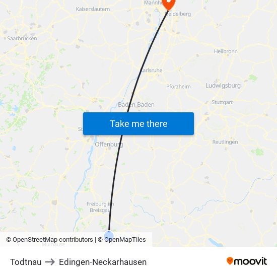 Todtnau to Edingen-Neckarhausen map