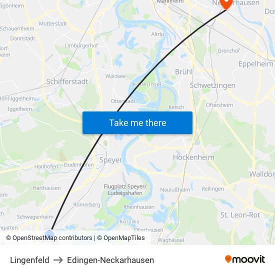 Lingenfeld to Edingen-Neckarhausen map