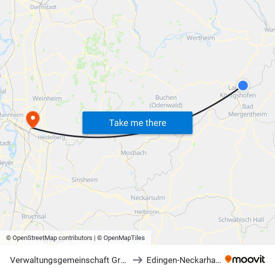 Verwaltungsgemeinschaft Grünsfeld to Edingen-Neckarhausen map