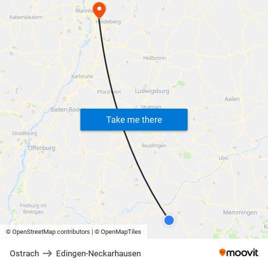 Ostrach to Edingen-Neckarhausen map