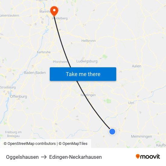 Oggelshausen to Edingen-Neckarhausen map