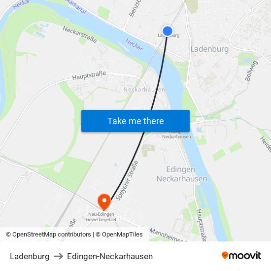 Ladenburg to Edingen-Neckarhausen map