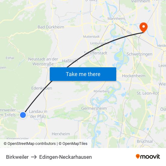 Birkweiler to Edingen-Neckarhausen map