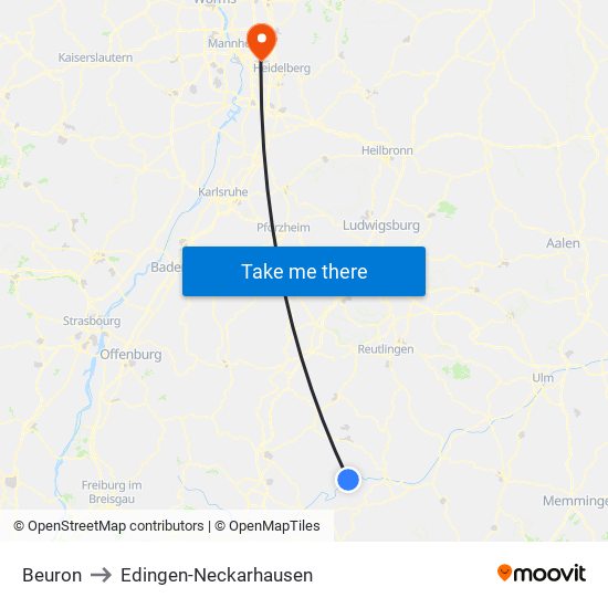 Beuron to Edingen-Neckarhausen map