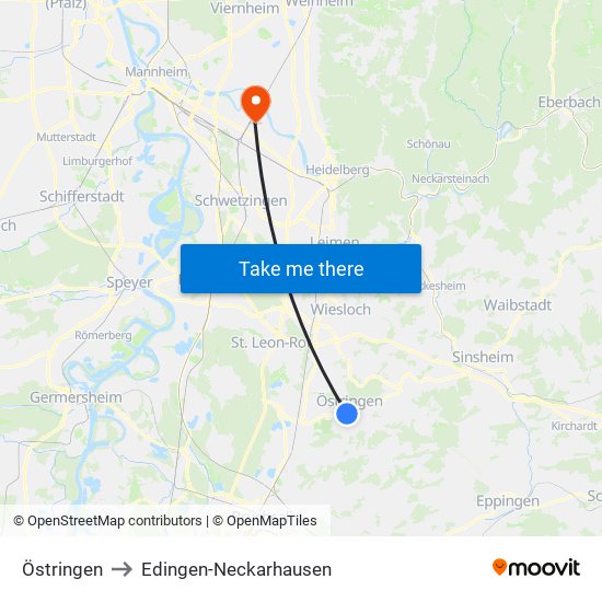 Östringen to Edingen-Neckarhausen map