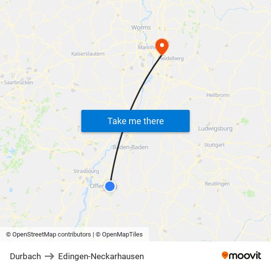 Durbach to Edingen-Neckarhausen map