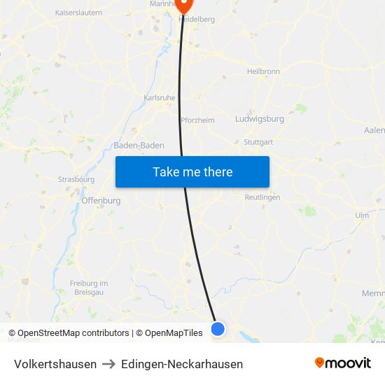 Volkertshausen to Edingen-Neckarhausen map