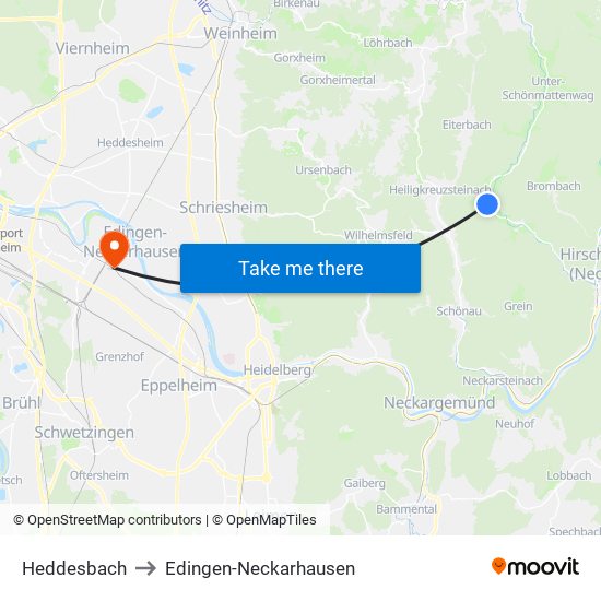 Heddesbach to Edingen-Neckarhausen map