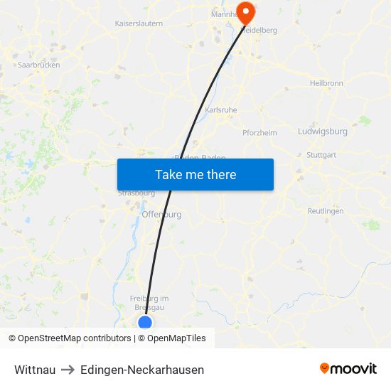 Wittnau to Edingen-Neckarhausen map