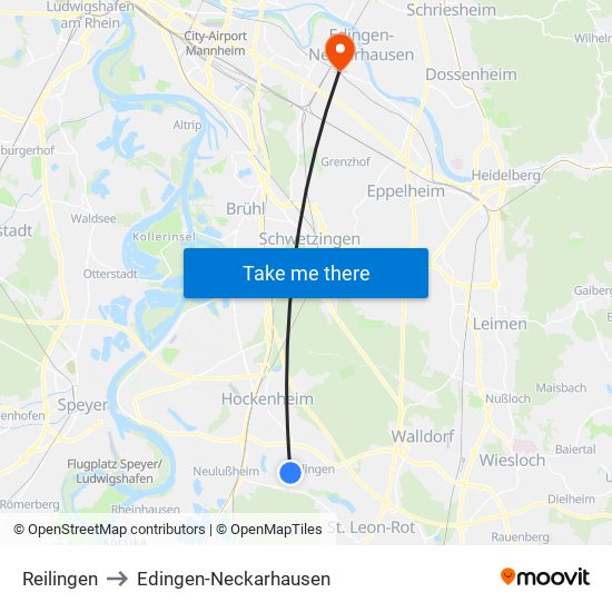 Reilingen to Edingen-Neckarhausen map