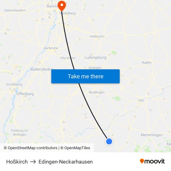 Hoßkirch to Edingen-Neckarhausen map