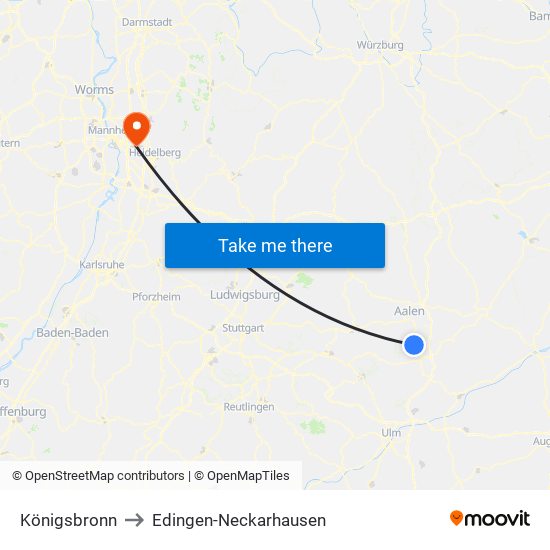 Königsbronn to Edingen-Neckarhausen map