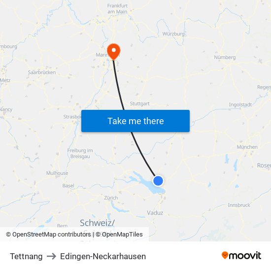 Tettnang to Edingen-Neckarhausen map