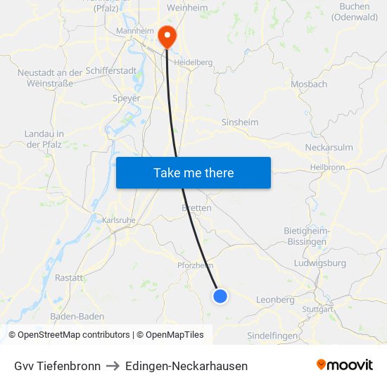 Gvv Tiefenbronn to Edingen-Neckarhausen map