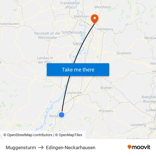 Muggensturm to Edingen-Neckarhausen map