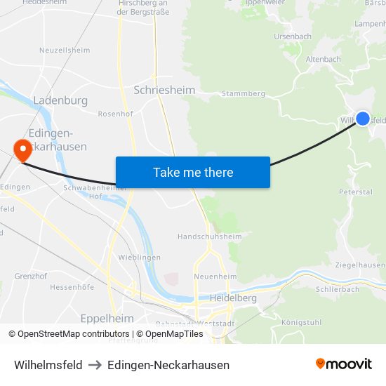 Wilhelmsfeld to Edingen-Neckarhausen map