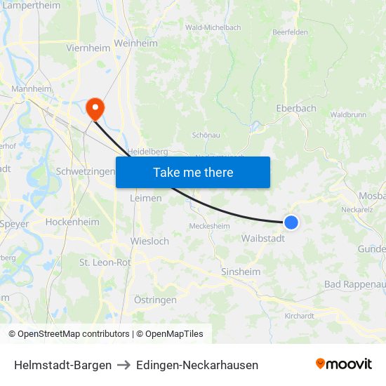 Helmstadt-Bargen to Edingen-Neckarhausen map