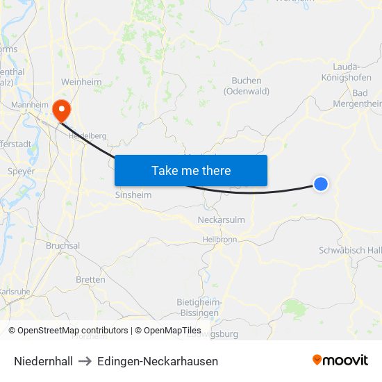 Niedernhall to Edingen-Neckarhausen map