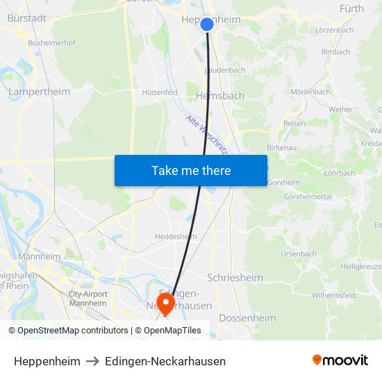 Heppenheim to Edingen-Neckarhausen map