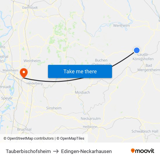 Tauberbischofsheim to Edingen-Neckarhausen map