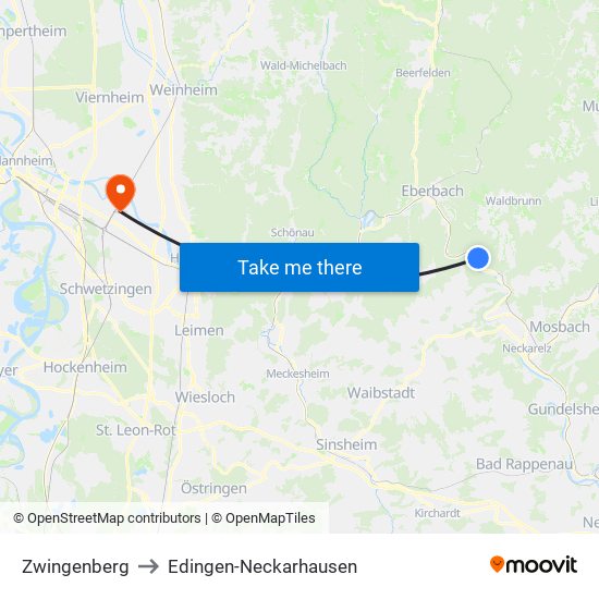 Zwingenberg to Edingen-Neckarhausen map
