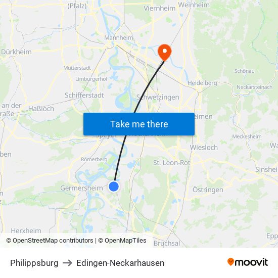 Philippsburg to Edingen-Neckarhausen map