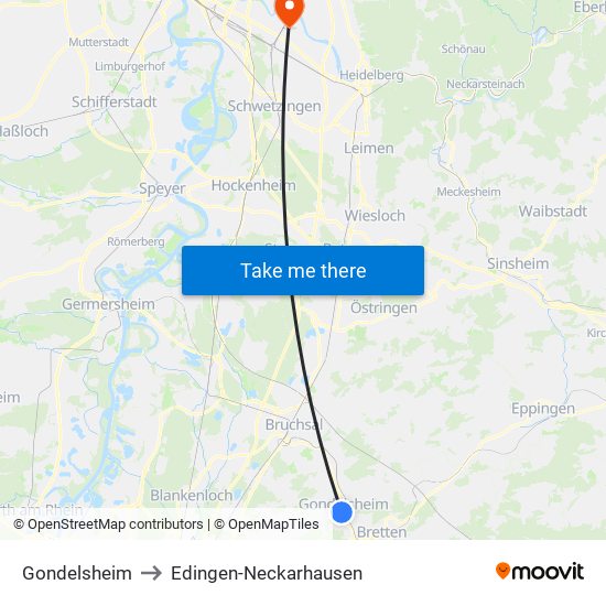 Gondelsheim to Edingen-Neckarhausen map