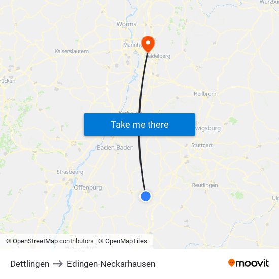 Dettlingen to Edingen-Neckarhausen map