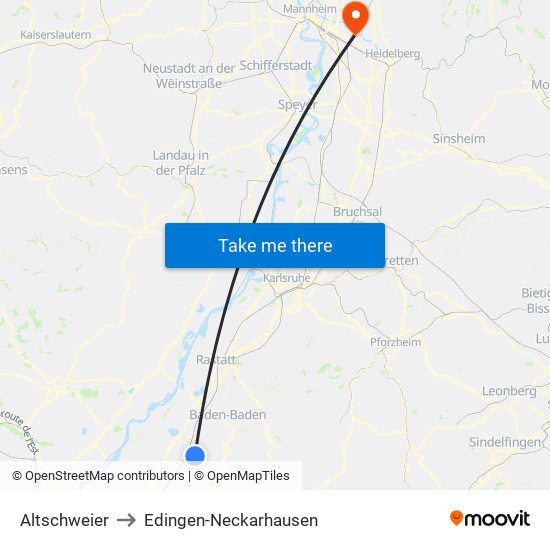 Altschweier to Edingen-Neckarhausen map