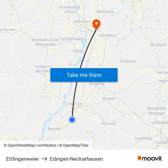 Ettlingenweier to Edingen-Neckarhausen map