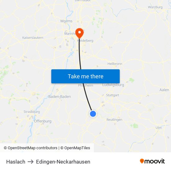 Haslach to Edingen-Neckarhausen map