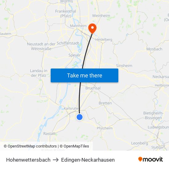 Hohenwettersbach to Edingen-Neckarhausen map