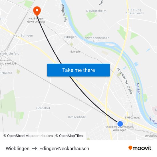 Wieblingen to Edingen-Neckarhausen map