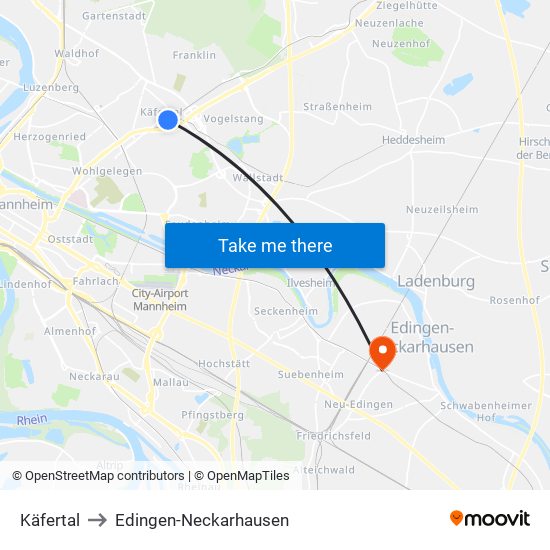 Käfertal to Edingen-Neckarhausen map