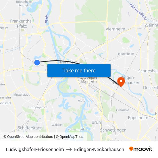 Ludwigshafen-Friesenheim to Edingen-Neckarhausen map