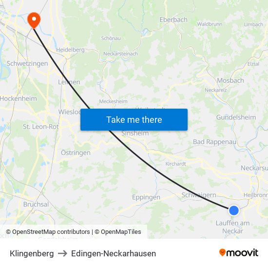 Klingenberg to Edingen-Neckarhausen map