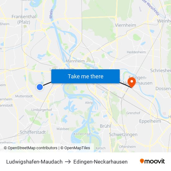 Ludwigshafen-Maudach to Edingen-Neckarhausen map