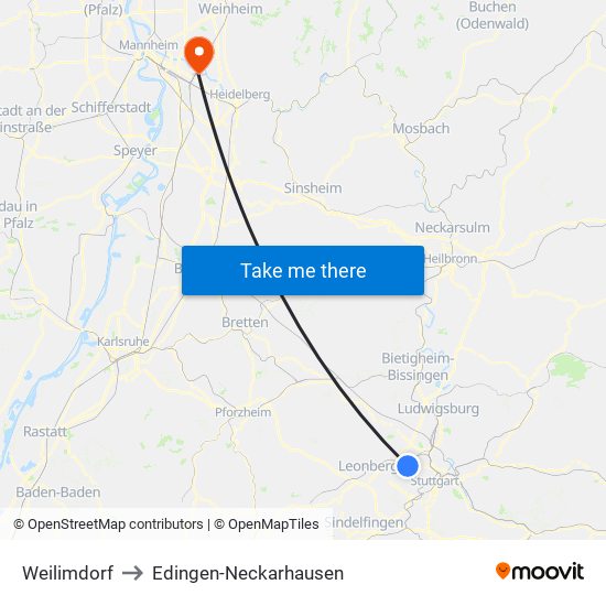 Weilimdorf to Edingen-Neckarhausen map