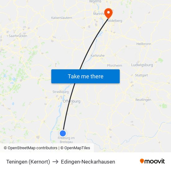 Teningen (Kernort) to Edingen-Neckarhausen map