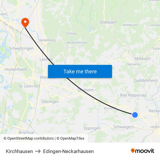 Kirchhausen to Edingen-Neckarhausen map