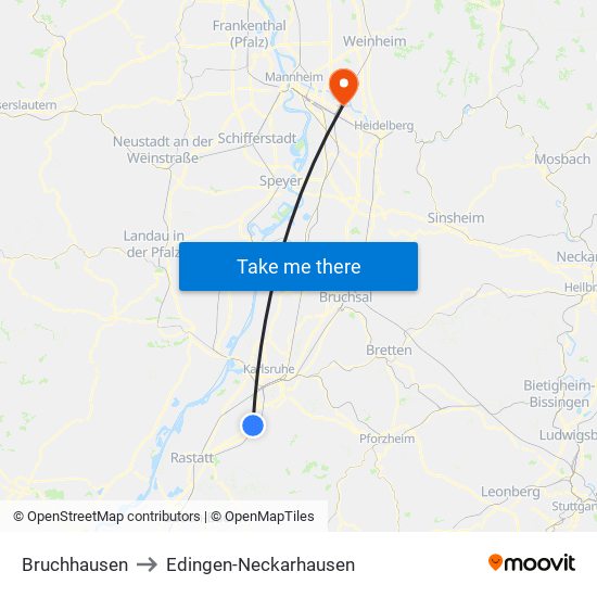 Bruchhausen to Edingen-Neckarhausen map