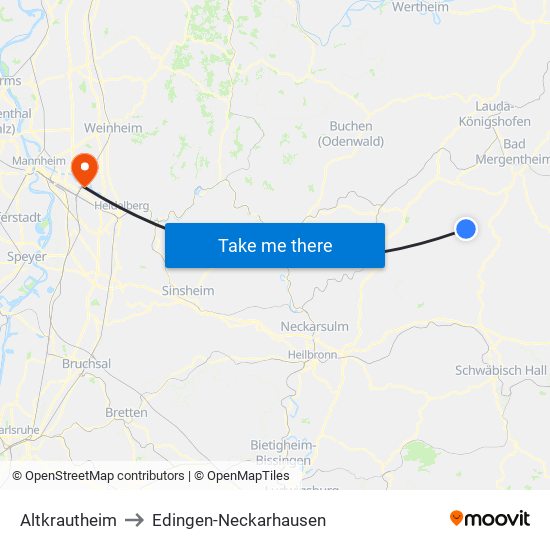 Altkrautheim to Edingen-Neckarhausen map