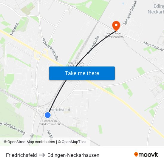 Friedrichsfeld to Edingen-Neckarhausen map