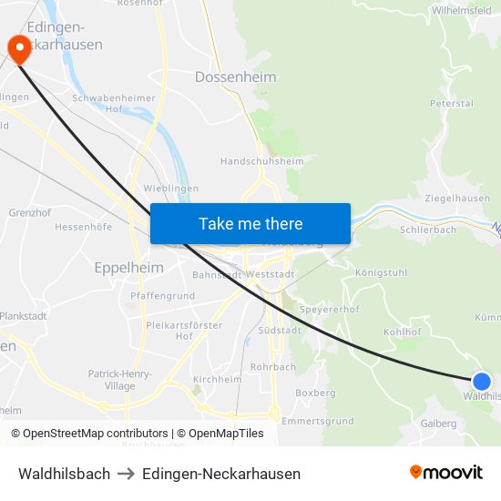 Waldhilsbach to Edingen-Neckarhausen map