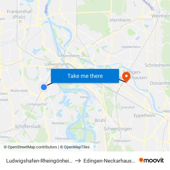 Ludwigshafen-Rheingönheim to Edingen-Neckarhausen map