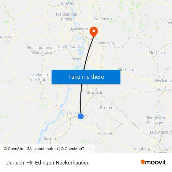 Durlach to Edingen-Neckarhausen map