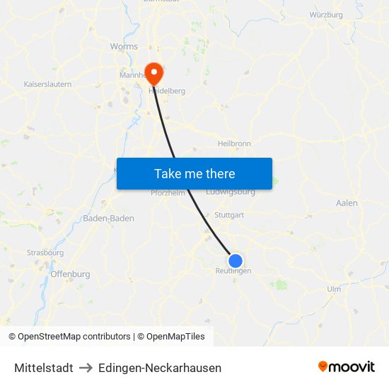 Mittelstadt to Edingen-Neckarhausen map